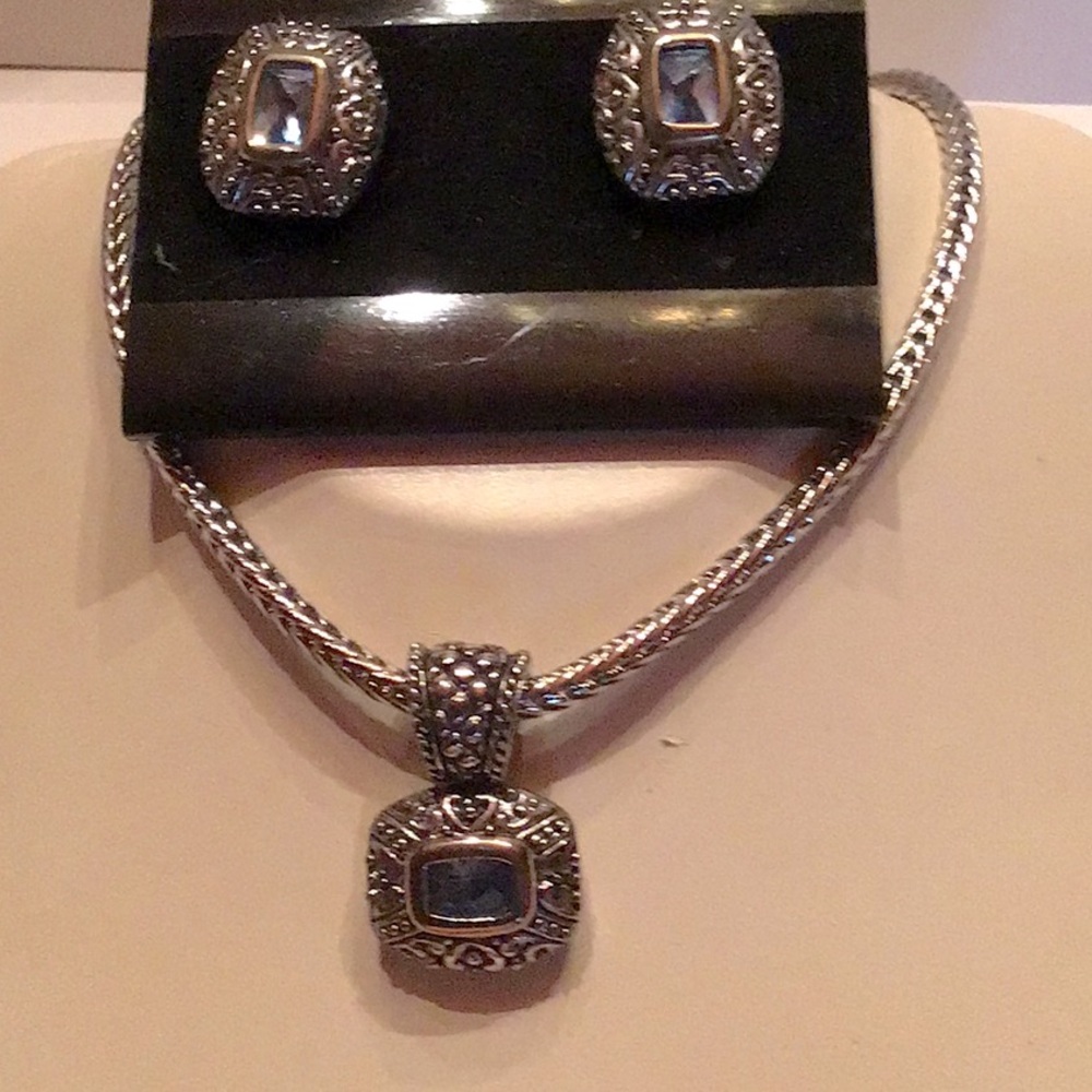 New Necklace/Clip Earring Set. Gun metal color, blue stone, 18”L
